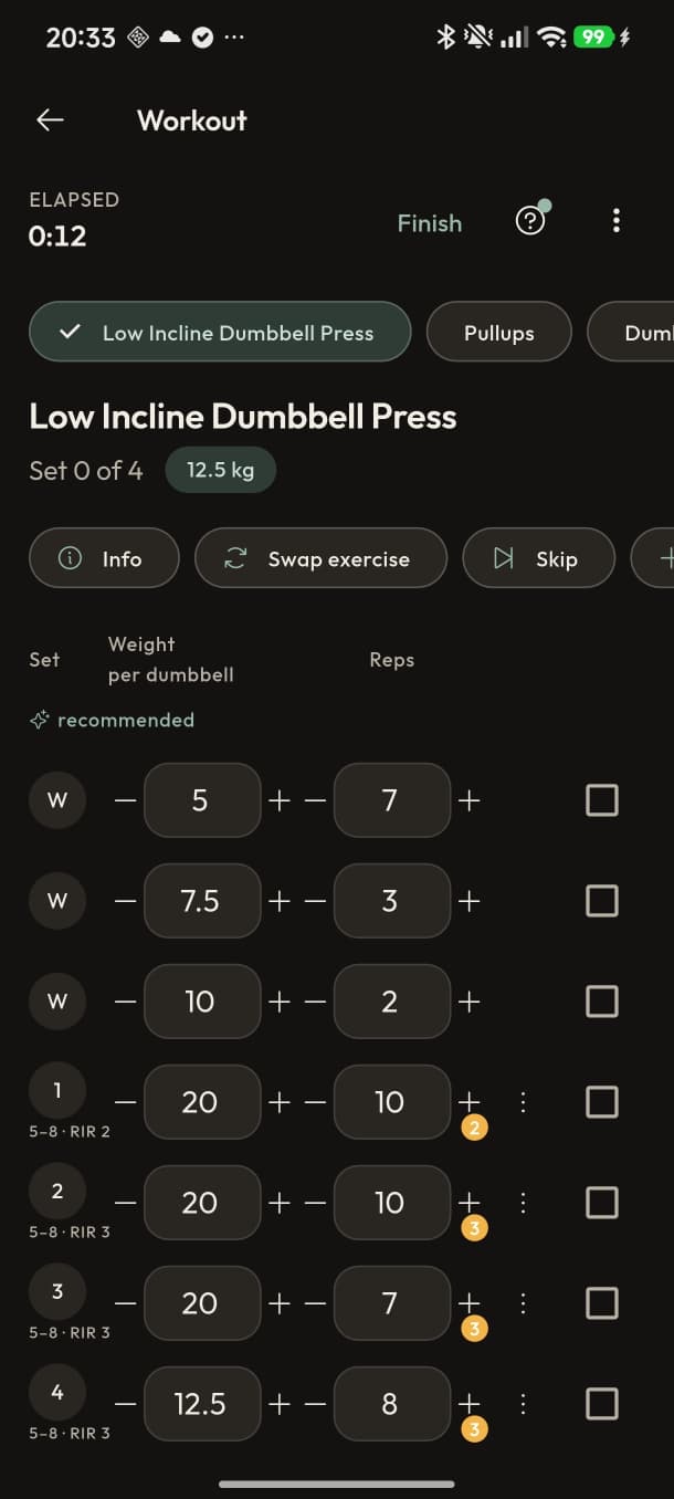 Workout player with per-set weights and reps